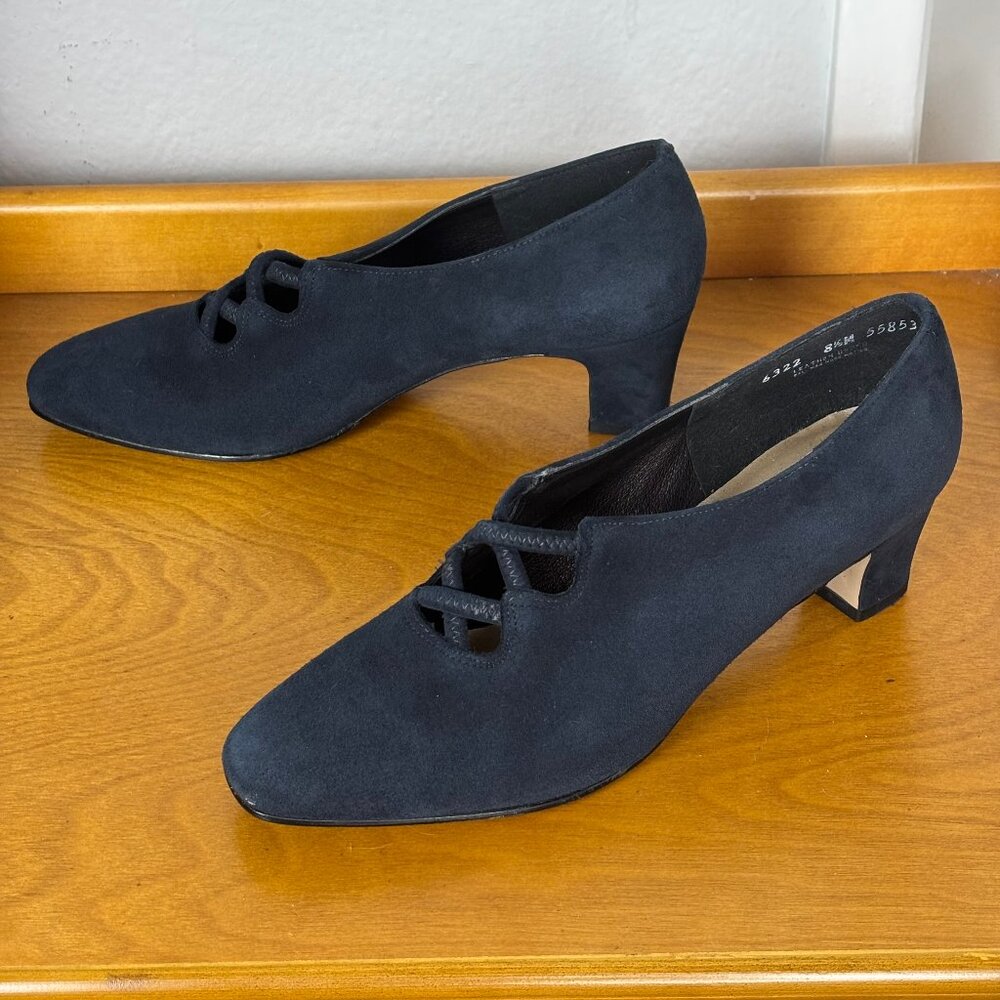 1980s does 1930s Magdesians Black Suede Heels Elastic Cutout Size 8.5